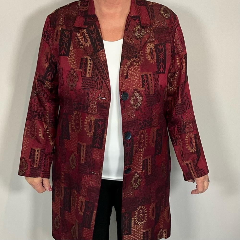 Chico's Blazer Size XL 80’s Duster Knee Length Burgandy, Black & Gold Patterned